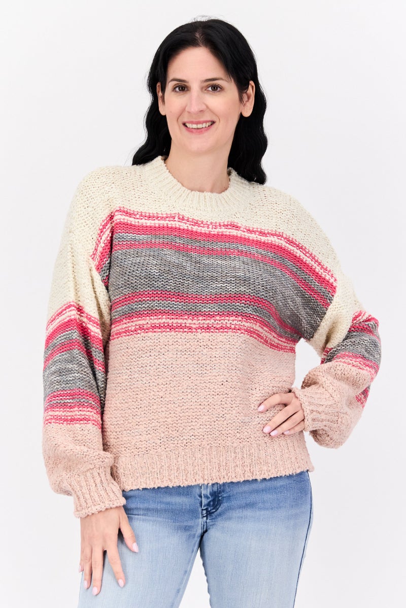 DEX Women Crew Neck Textured Sweater, Multicolor - Image 1